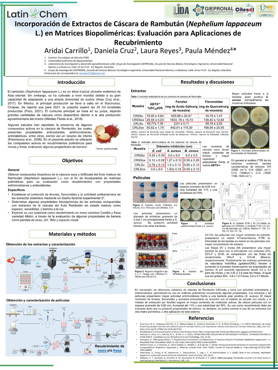 👩‍🔬Hi <a href="/LatinXChem/">LatinXChem</a>, presenting our work "Incorporación de Extractos de Cáscara de Rambután (Nephelium lappaceum L.) en Matrices Biopoliméricas: Evaluación para Aplicaciones de Recubrimiento"
 #LatinXChem24 #LatinXChemAna #Ana59 <a href="/UNADinvestiga/">Investigacion UNAD</a> <a href="/lauramreyes1/">lauramreyes</a> <a href="/little_dany12/">Dani CG</a> #coatings