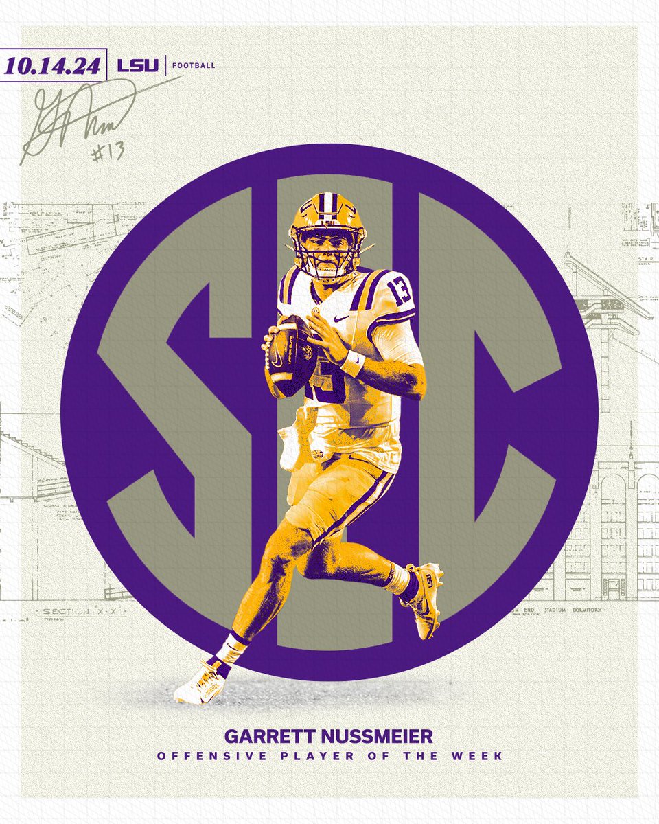 LSU Football (@lsufootball) on Twitter photo SEC Offensive Player of the Week
<a href="/Garrettnuss13/">Garrett Nussmeier</a> threw for 300-plus yards and 3 TDs, led LSU on the game-tying drive, and threw the game-winning pass in overtime to take down No. 8 Ole Miss SEC Offensive Player of the Week
<a href="/Garrettnuss13/">Garrett Nussmeier</a> threw for 300-plus yards and 3 TDs, led LSU on the game-tying drive, and threw the game-winning pass in overtime to take down No. 8 Ole Miss