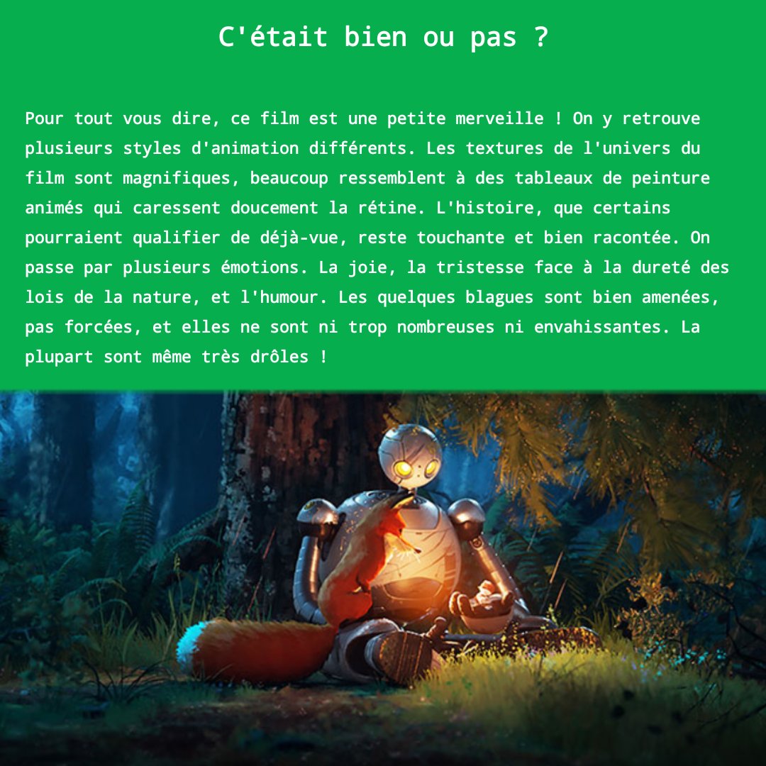 CmmNord's tweet photo. Avez-vous un avis sur le film ? N'hésitez pas à le partager en commentaire.

#cinema #film #critique #analyse #lerobotsauvage #dreamworks #animation #anime https://t.co/bq40sCC2Sl