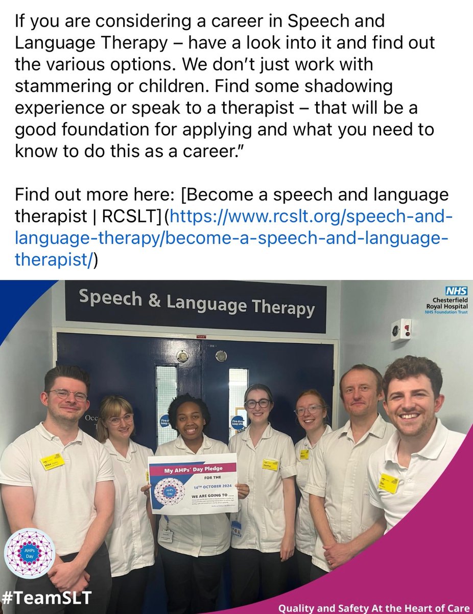 Happy #AHPday2024 💜
Sharing the post written by <a href="/royalhospital/">Chesterfield Royal Hospital NHS FT</a> communications team for Adult SLT, including some worlds from #SLT Mike! Sadly not all of our wonderful SLTs pictured, but a good snapshot of smiles to represent us! 
<a href="/RCSLT/">RCSLT 💙</a> #speechtherapy