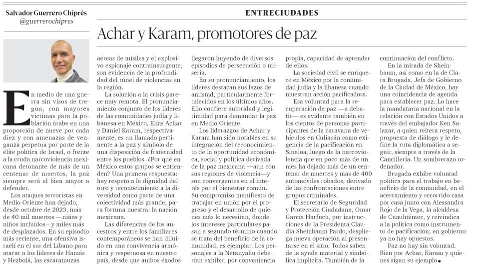 La paz, sea en Medio Oriente o en #México, es el bien mayor a defender. Voluntad demostrada en el pronunciamiento de Elías Achar, Pdte. del Comité Central de la Comunidad Judía en México, y <a href="/danielkaramt/">Daniel Karam</a>, Pdte. del <a href="/CENTROLIBANESAC/">CENTRO LIBANES A.C</a>, así como en el trabajo en #CDMX, encabezado por