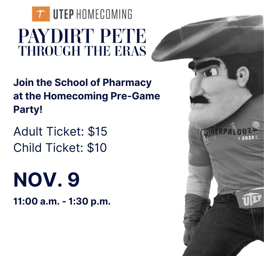 Join UTEP School of Pharmacy at our reserved tables for the Official Homecoming Pre-Game Party!🎉

Nov. 9 | 11:00AM - 1:30PM
GR-2 Parking Lot

Each ticket includes a meal, drink, &amp; two alcoholic beverages (21+)!

Get your tickets using the link below!

🔗 host.nxt.blackbaud.com/registration-f…