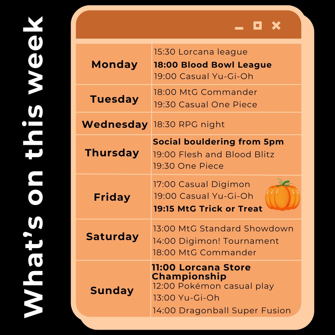 AngleGamingUK's tweet photo. Here's what we've got going on in the Lounge this week!

#mtg #wotc #ygo #yugioh #boardgame #boardgamecafe #rpg #dnd #dungeonsanddragons #darkheresy #fleshandblood #fabtcg #onepiece #onepiecetcg #mcp #wargaming #lorcana #lorcanatournament #digimontcg #dragonballsuper #dbsfw https://t.co/Nl34uR8WwH