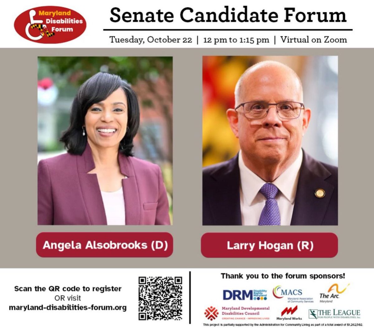 grmsnyder's tweet image. Join us for the Maryland Disabilities Forum: Senate Candidate Forum on Oct 22, 2024, 12:00 PM via Zoom. Hear from @AlsobrooksForMD &amp;amp; @GovLarryHogan on disability issues. Don't miss out—register now! 👉 forms.zohopublic.com/marylandworksi…