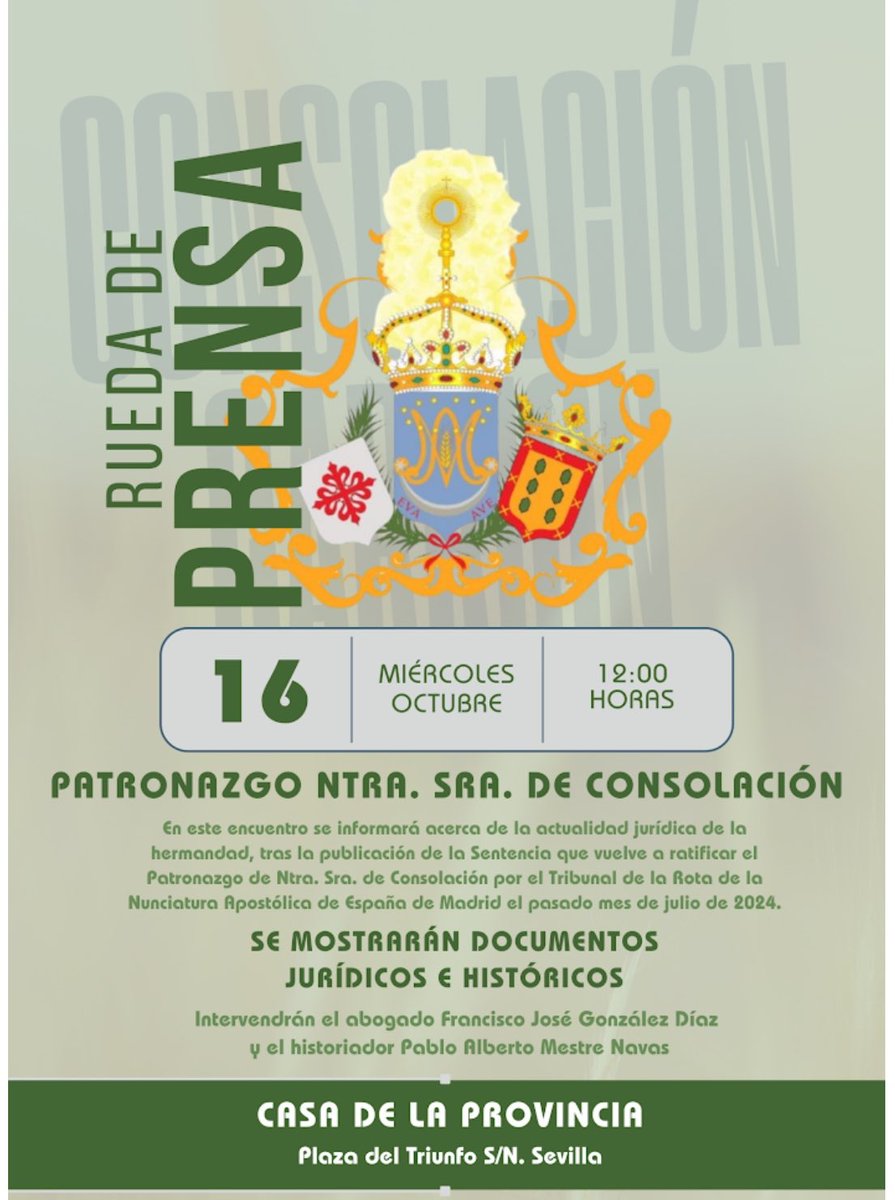 🔴 La <a href="/HdadConsolacion/">Hdad. de Consolación</a> convoca una RUEDA DE PRENSA para RATIFICAR JURÍDICAMENTE que la Virgen de CONSOLACIÓN es la PATRONA de CARRIÓN.

📲 #TDSCofrade