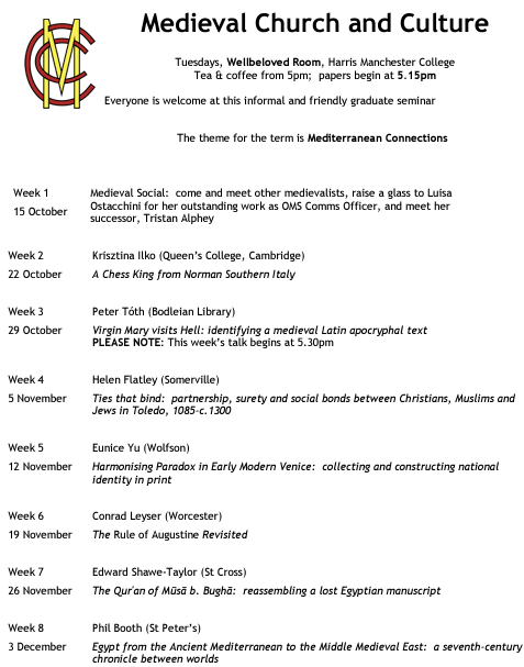 Oxford Medieval Studies (@oxmedstud) on Twitter photo Medieval Church & Culture begins TOMORROW with a special surprise from yours truly, and continues with <a href="/krisztina_ilko/">Dr Krisztina Ilko</a>, <a href="/petetoth/">peter toth</a>, <a href="/helenflatley/">Helen Flatley</a>, <a href="/sumner_braund/">Sumner Braund</a>, <a href="/medhistbee/">Bee Jones</a> and others.
📅 Tuesdays
⌚️ 5pm
📍 Wellbeloved Room <a href="/HMCOxford/">Harris Manchester</a>
<a href="/OxfordHistory/">Oxford History</a> Medieval Church & Culture begins TOMORROW with a special surprise from yours truly, and continues with <a href="/krisztina_ilko/">Dr Krisztina Ilko</a>, <a href="/petetoth/">peter toth</a>, <a href="/helenflatley/">Helen Flatley</a>, <a href="/sumner_braund/">Sumner Braund</a>, <a href="/medhistbee/">Bee Jones</a> and others.
📅 Tuesdays
⌚️ 5pm
📍 Wellbeloved Room <a href="/HMCOxford/">Harris Manchester</a>
<a href="/OxfordHistory/">Oxford History</a>