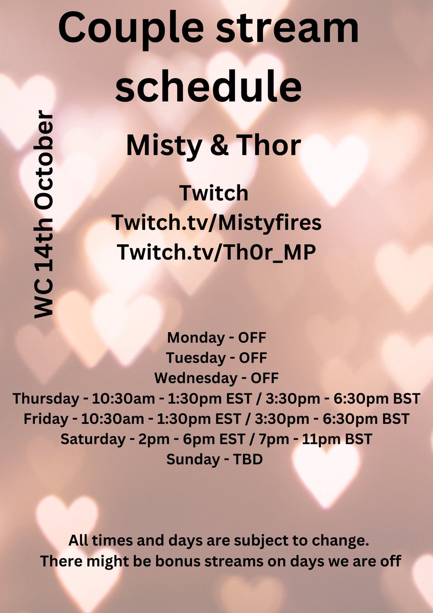 After a wonderful two weeks spent together we are back. Here is the schedule for the week! Hope to see yall there! <a href="/MistyFires/">Misty Fires 🇬🇧🇺🇸</a>