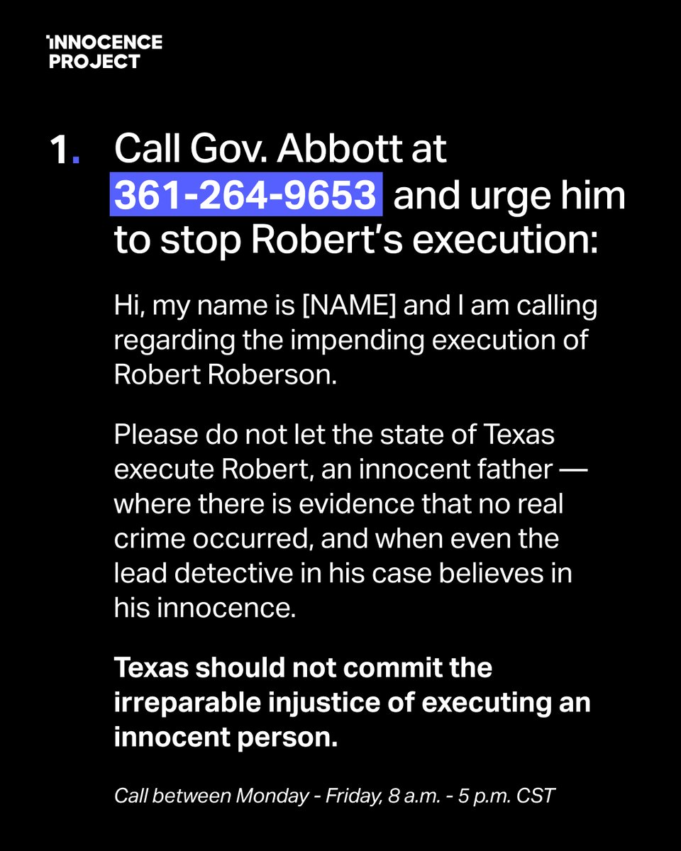 innocence's tweet image. We have less than 3 days to stop Texas from executing #RobertRoberson for a crime that never occurred. Though his office is closed today, you can contact @GovAbbott at 361-264-9653 or saveroberson.org by leaving a voicemail, emailing and/or tweeting at him.