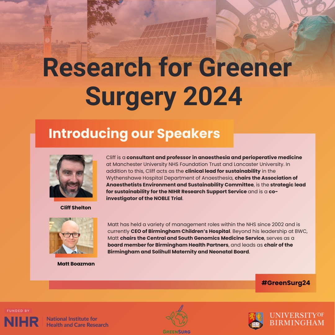 📣 We’re thrilled to welcome Cliff Shelton and Matt Boazman to the Research for Greener Surgery Conference 2024!

Join us as they share their invaluable insights on building a greener, more sustainable future 🌱

Get your tickets today! ➡️ tinyurl.com/GreenSurg24