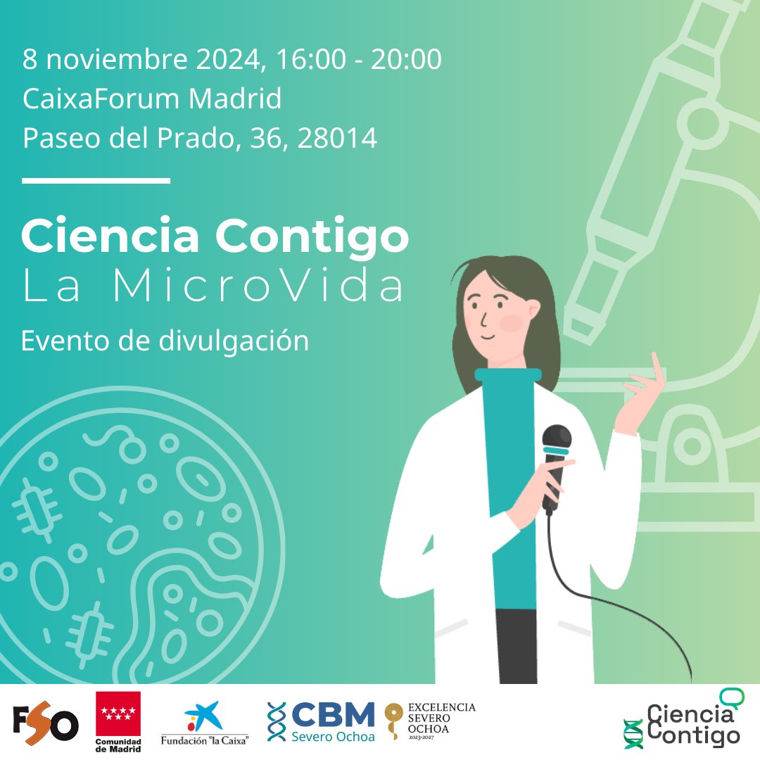 ¡Vuelve #CienciaContigo2024! Esta es la III edición de nuestro evento anual de divulgación, con apoyo de @comunidadmadrid y Fund Severo Ochoa. Este año, sobre 'La MicroVida' y la importancia de virus y bacterias
🔗 Registro bit.ly/CienciaContigo…
📅 8 de noviembre
📍 <a href="/CaixaForum/">CaixaForum</a>