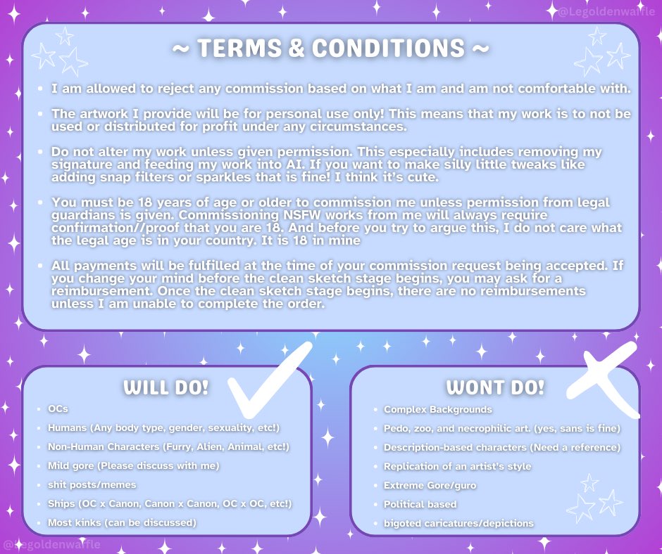 legoldenwaffle's tweet photo. (1/4) Opening character commissions again with a colorful, new price sheet! First come, first serve! My prices and terms are as followed. (Image below)
#commissionopen #commissions #commissionart https://t.co/z6YREVrW6r