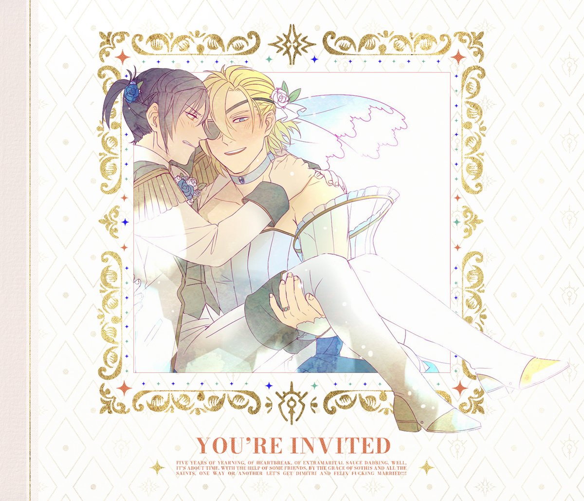 dimilixzine's tweet photo. Five years of yearning, of heartbreak, of extramarital sauce dabbing. But with the help of some friends, by the grace of Sothis and all the saints, one way or another—

LET'S GET DIMITRI AND FELIX FUCKING MARRIED!!!
Not final title. The fanbook. https://t.co/nFkLUPxrkQ