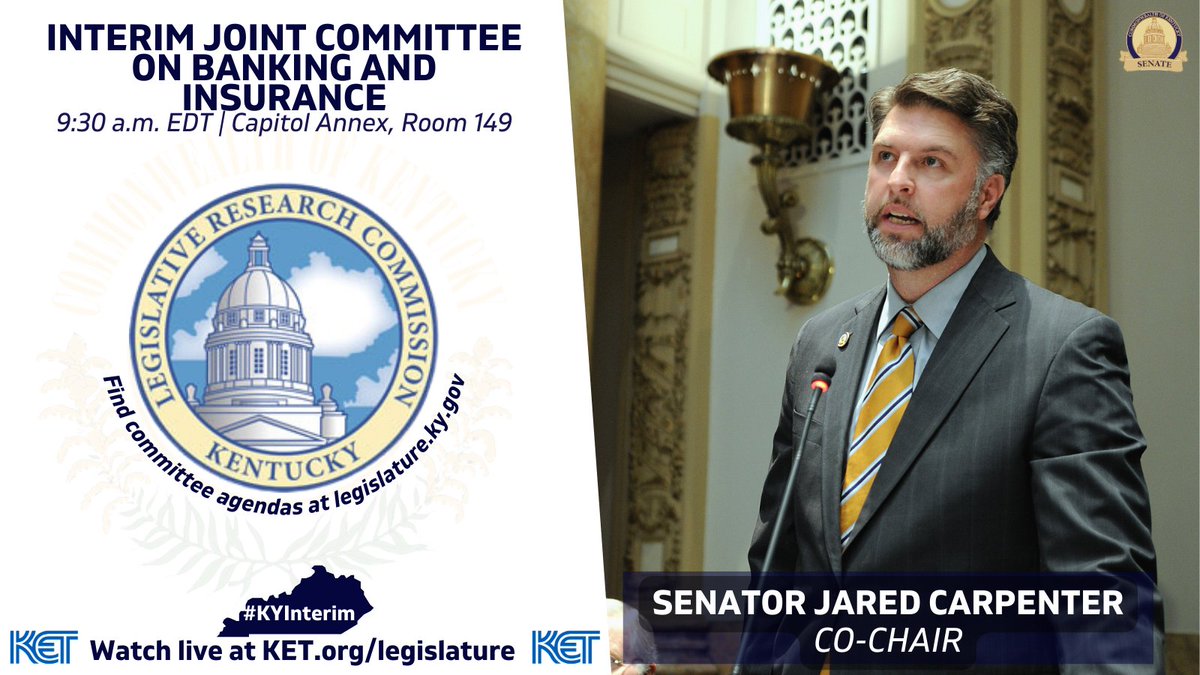 .<a href="/JCarpenterKY/">Jared Carpenter</a> is co-chairing the Interim Joint Committee Banking &amp; Insurance at 9:30!

Watch live: KET.org/legislature

#KYGA24 #KYInterim