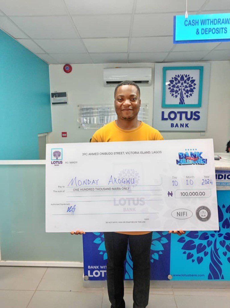 LotusBank's tweet photo. 🎉 Congratulations to Monday Akogwu, our latest Bank Your Way to Millions winner! He just won ₦100,000 at our Garki Market branch. 👏 #LOTUSBANK #BankYourWayToMillions #CustomerReward https://t.co/Y9Yq3vJihU