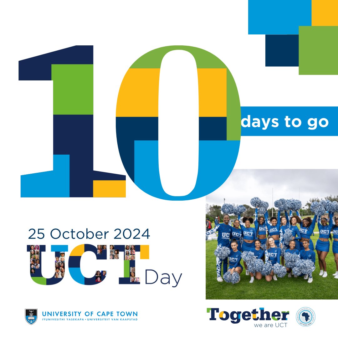 🎉 10 Days to UCT Day! 🎉

Join us at The Cricket Oval on 25 Oct for a day of unity &amp; purpose!

🎓 Support student initiatives
🤝 Celebrate our UCT community
💙 Change lives from just R50

Don't miss:
📚 Alumni Book &amp; Film Fest
🚴‍♀️ Cyclethon &amp; more!

#UCTDay2024 #TogetherWeAreUCT