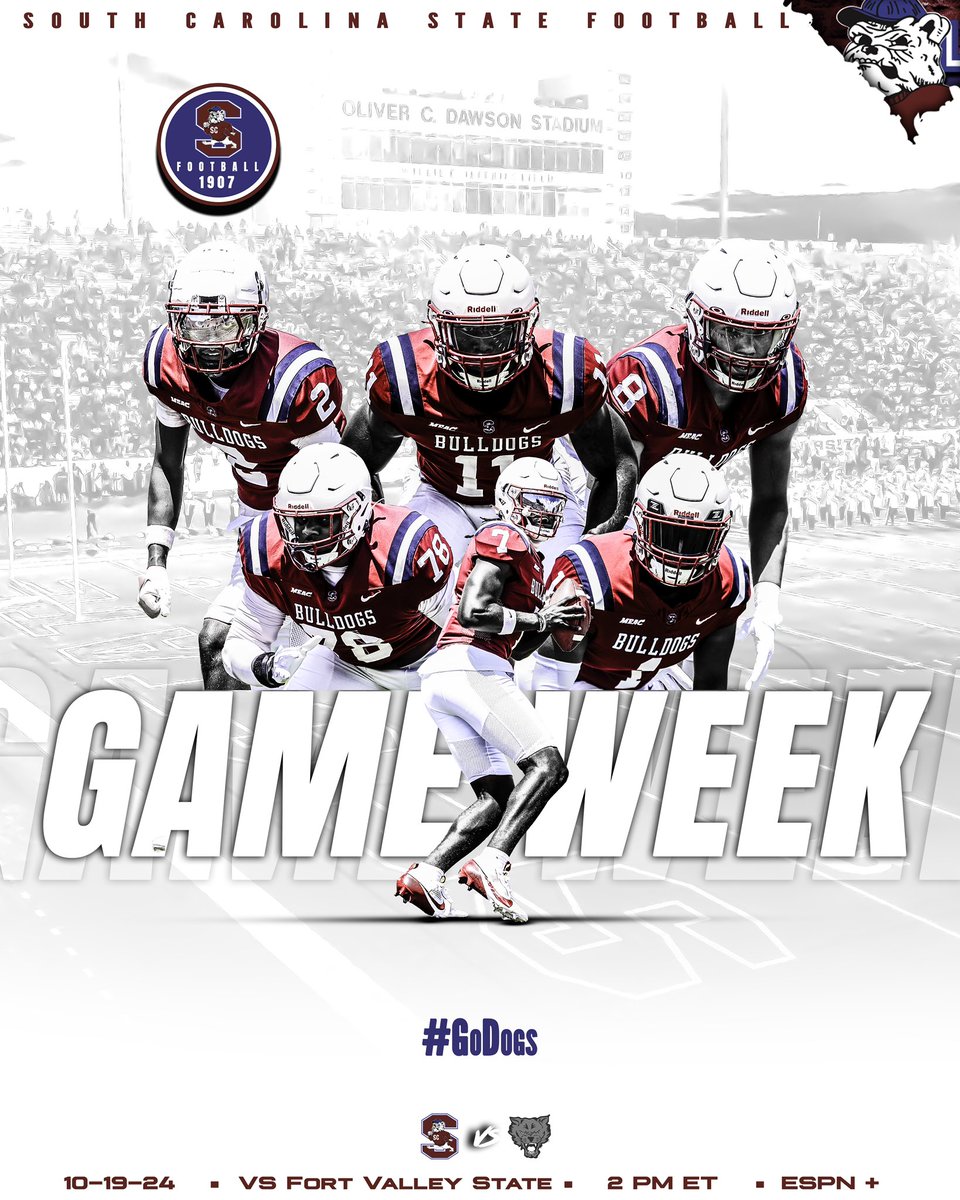 #GoDogs

🚨GAME WEEK🚨

Your SC STATE FOOTBALL BULLDOGS face off against <a href="/FVSU/">Fort Valley State University</a> FORT VALLEY STATE, this Saturday at 2 PM ET Oliver C. Dawson Stadium! It can be seen on ESPN PLUS

<a href="/SCStateAthletic/">SC State Athletics</a> <a href="/SCSTATE1896/">SC State University</a> <a href="/MEACSports/">Mid-Eastern Athletic Conference</a> <a href="/coachberry77/">Chennis Berry</a> 
#PayTheFEE
#DigDEEP
#FearTheBITE
🔴🔵🐶🏈