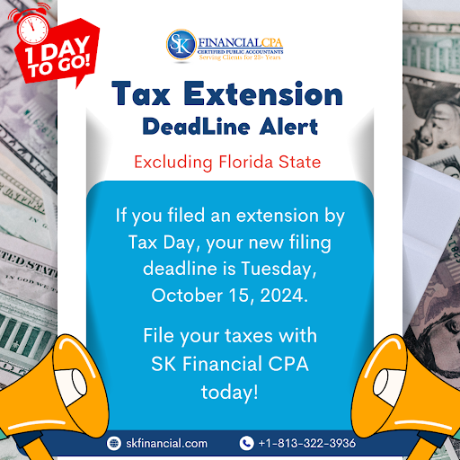 skfinancial's tweet image. The October 15, 2024 deadline is almost here! If you filed for an extension, now’s the time to wrap it up. Let SK Financial CPA handle the rest!

📞 +1-813-322-3936
🌐 skfinancial.com

#TaxDeadline #FileNow #TaxHelp #SKFinancialCPA #CPAServices #TaxTime