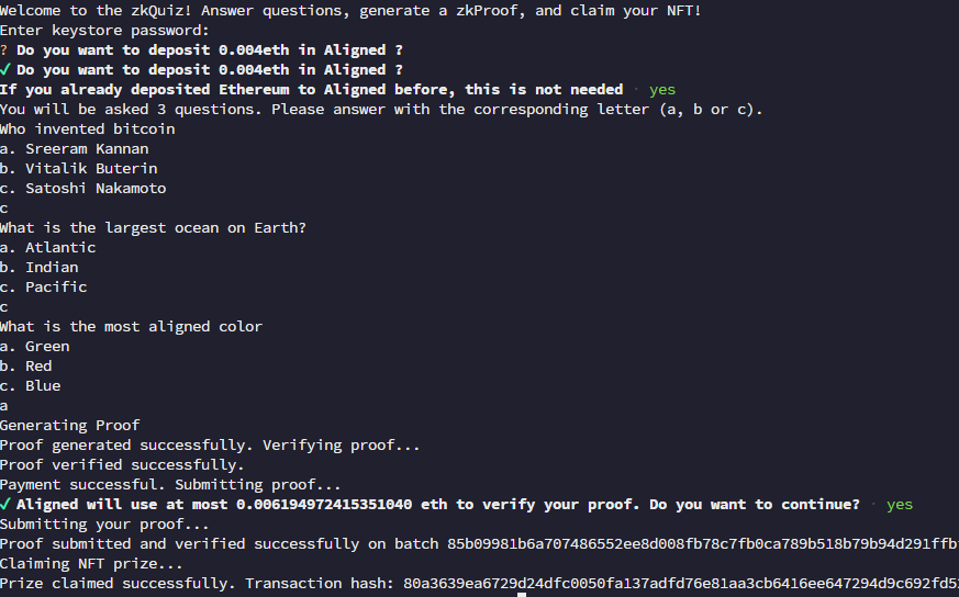 Aligned zkQuiz #NFT   Just submitted a proof via
<a href="/alignedlayer/">Aligned</a>

I am now #alignedTX: e6c7dfd36e3252aa3e1c4c6d01dc097b433dda59d668aa00a2a526268517056b address: 80a3639ea6729d24dfc0050fa137adfd76e81aa3cb6416ee647294d9c692fd52