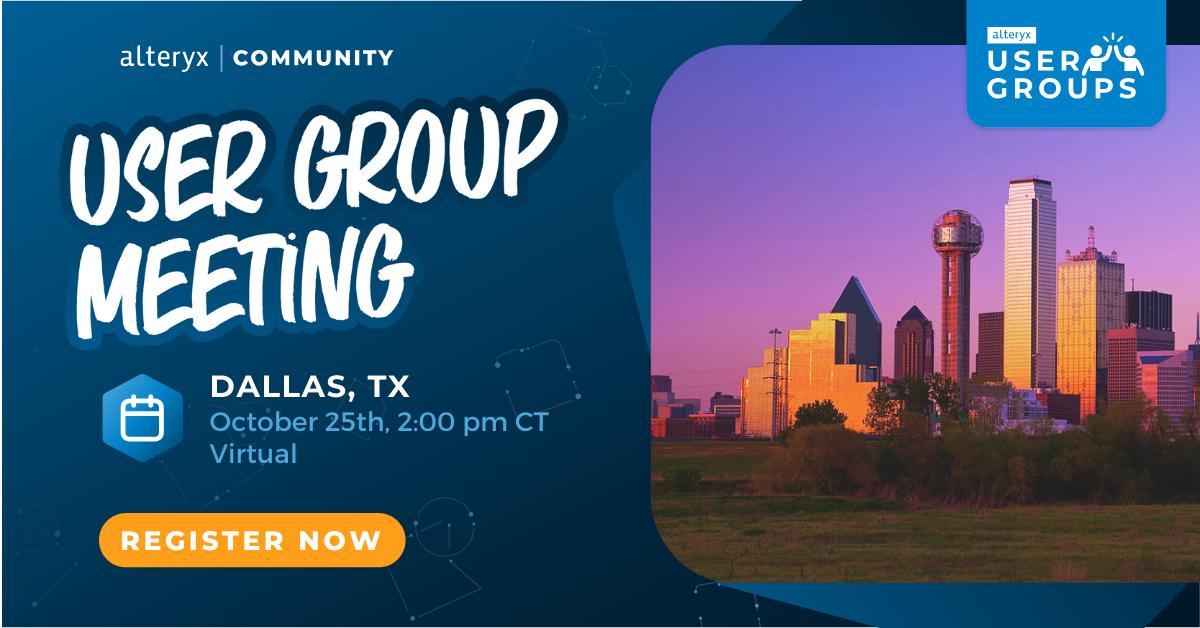 apackcltsw's tweet image. Join the Dallas Alteryx User Group to get the chance to ask product and roadmap questions. Plus, learn intermediate to advanced skills in utilizing Python within Alteryx!

🗓️ October 25th
📍 Virtual (invite friends)

Register now: ow.ly/Ggc430sHbiw

#AlteryxUserGroup
