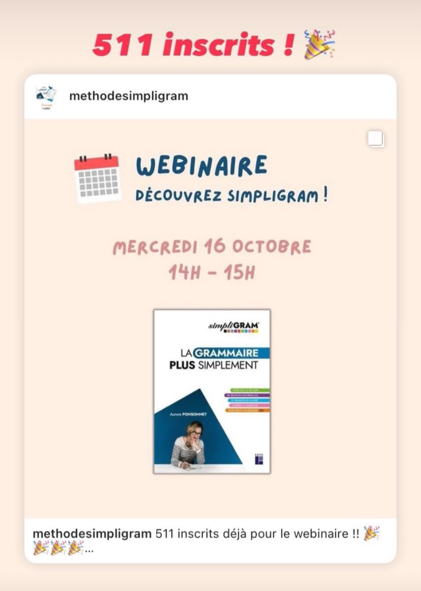APonsonnet's tweet photo. 511 inscrits dĂ©jĂ pour le webinaire !! đđđđ
#webinaire #simpligram
đ Webinaire - DĂ©couvrez simpliGRAM !
đ Aurore Ponsonnet et Muriel Chaulet vous prĂ©senteront la mĂ©thode et rĂ©pondront Ă vos questions !
â° Rendez-vous le mercredi 16/10 Ă 14h !
â
Pour sâinscrire : https://t.co/9OO1oskUXn