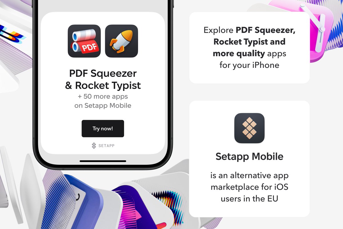 Did you know that PDF Squeezer and Rocket Typist is also available on <a href="/Setapp/">Setapp by MacPaw</a> Mobile?

Setapp Mobile is an EU-only alternative app marketplace where you can find a curated set of iOS apps.

More about it here: tinyurl.com/3axwcy9s
