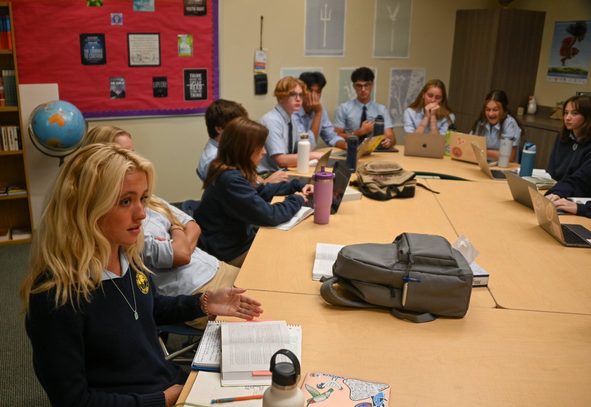 ThePineSchool's tweet photo. “Harkness tables turn the classroom into an open environment for students to express their beliefs while allowing others to listen and learn about different points of view,” shared Junior Savannah Schellenberg. #PineSchool #PineDifference https://t.co/o6H7APD3HQ