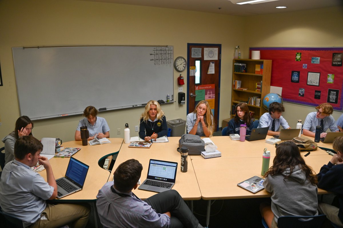 ThePineSchool's tweet photo. “Harkness tables turn the classroom into an open environment for students to express their beliefs while allowing others to listen and learn about different points of view,” shared Junior Savannah Schellenberg. #PineSchool #PineDifference https://t.co/o6H7APD3HQ