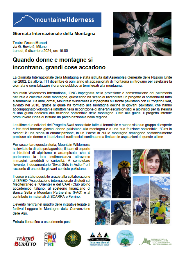 MWildernessInt's tweet photo. Don't miss our event in Milan on Dec 9! To celebrate #InternationalMountainDay together, we'll meet the all-women team of the #GirlsInAction course we held this year in the Pakistani Swat region, watch the documentary and hear a moving testimony from a Pakistani trainee #IMD2024 https://t.co/HopxzsVA2P