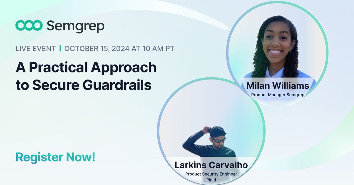 semgrep's tweet image. ⏰ Tomorrow at 10 AM PT, we're diving into secure guardrails! Join Milan Williams and Larkins Carvalho for insights on building practical security measures in your development teams. Secure your spot now! 
semgrep.dev/events/a-pract…
#appsec #SecureGuardrails