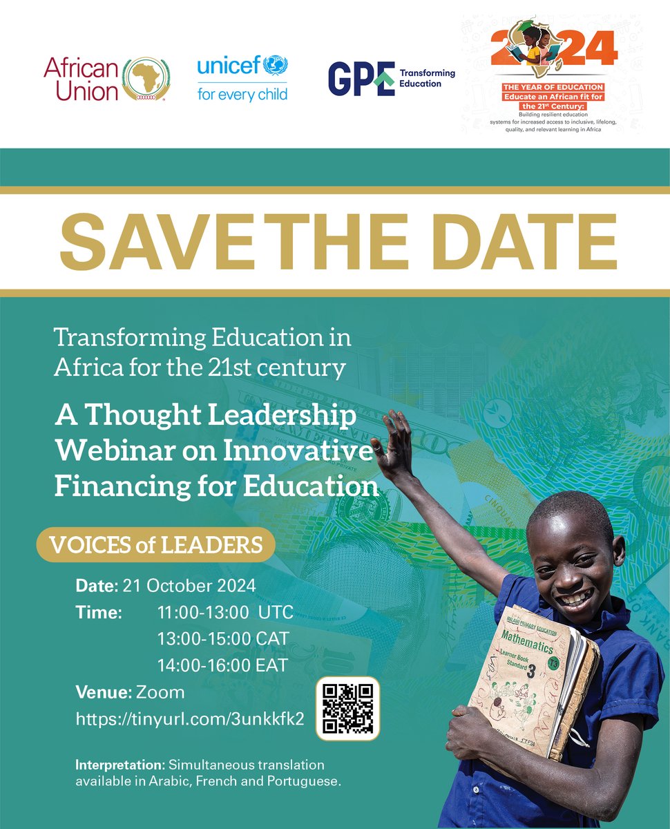 Global Partnership for Education (@gpforeducation) on Twitter photo The returns on education investment are clear.
Yet countries across Africa still struggle to meet the growing demands of education systems.
Join GPE, @africanunion_official and <a href="/UNICEFAfrica/">UNICEF Africa</a> to discuss innovative financing can transform education.
bit.ly/3TTKB5Z The returns on education investment are clear.
Yet countries across Africa still struggle to meet the growing demands of education systems.
Join GPE, @africanunion_official and <a href="/UNICEFAfrica/">UNICEF Africa</a> to discuss innovative financing can transform education.
bit.ly/3TTKB5Z