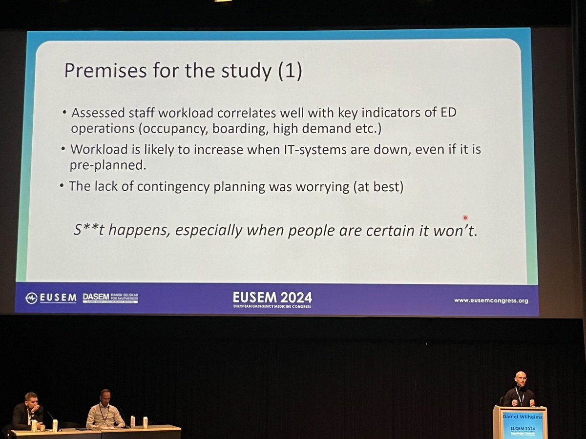 Akutdok's tweet photo. Daniel Wilhelms is talking about the risks of changing electronic health records and the need for a contingency plan. #EUSEM2024 https://t.co/W2duPVU0qC