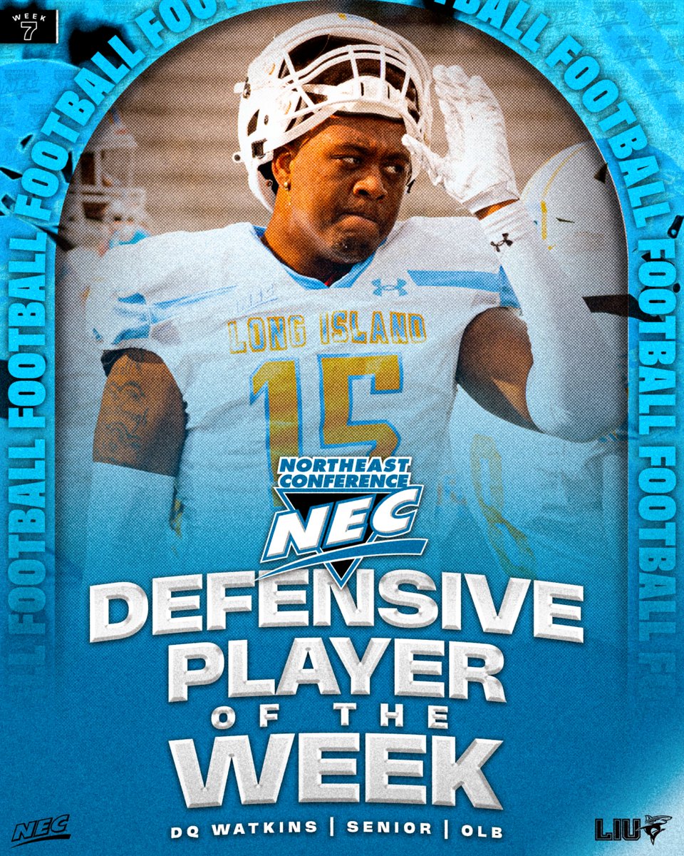 🏈🏅The #NECFB Defensive Player of the Week is DQ ᴡᴀᴛᴋɪɴꜱ from @LIUathletics‼️

» The ⚓️ of an LIU defense that held Stonehill to 7 points
» Had 2 tackles, 1.5 sack, 1 FF, 1 FR, 1 INT &amp; 1 QH in LIU's first NEC win this year
» 2nd 🦈 to earn #NECDPOW honors in 2024

#NECelite