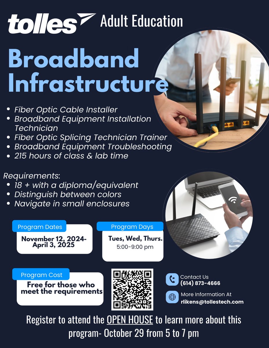 Keli Bussell (@buss_keli) on Twitter photo Attention new high school graduates or job change seekers! Come discover a future career in Broadband and Fiber Optic Technician fields. Open House 10/29 <a href="/TollesTech/">Tolles Career & Technical Center</a> Attention new high school graduates or job change seekers! Come discover a future career in Broadband and Fiber Optic Technician fields. Open House 10/29 <a href="/TollesTech/">Tolles Career & Technical Center</a>