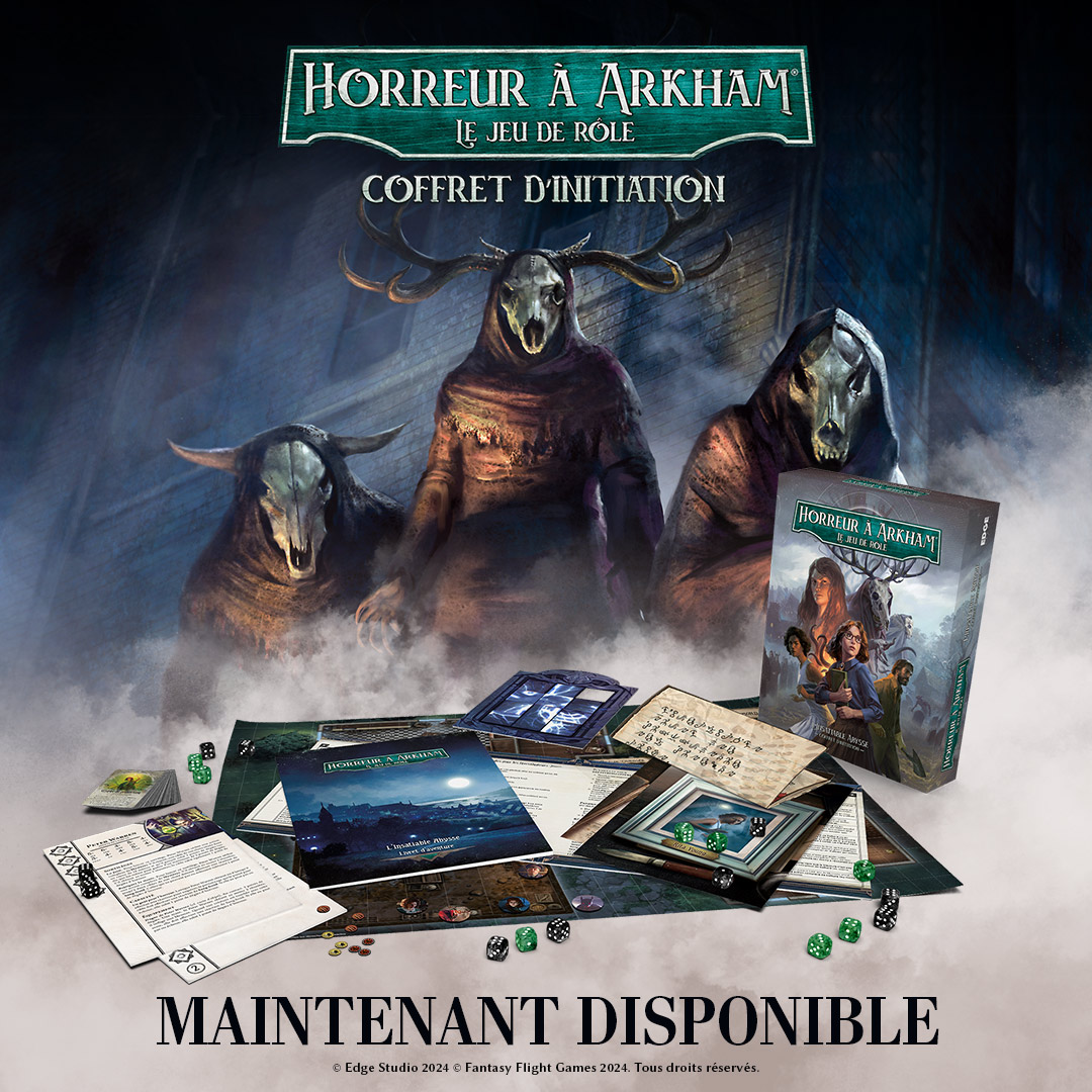 Edge_Studio_Fr's tweet photo. C’est le jour J ! 
L’insatiable Abysse menace Arkham, et il est temps de commencer votre enquête !
Retrouvez le Coffret d’Initiation d’Horreur à Arkham dès aujourd’hui en boutiques spécialisées.
#HorreuraArkham #JDR https://t.co/mAR29OKCO9