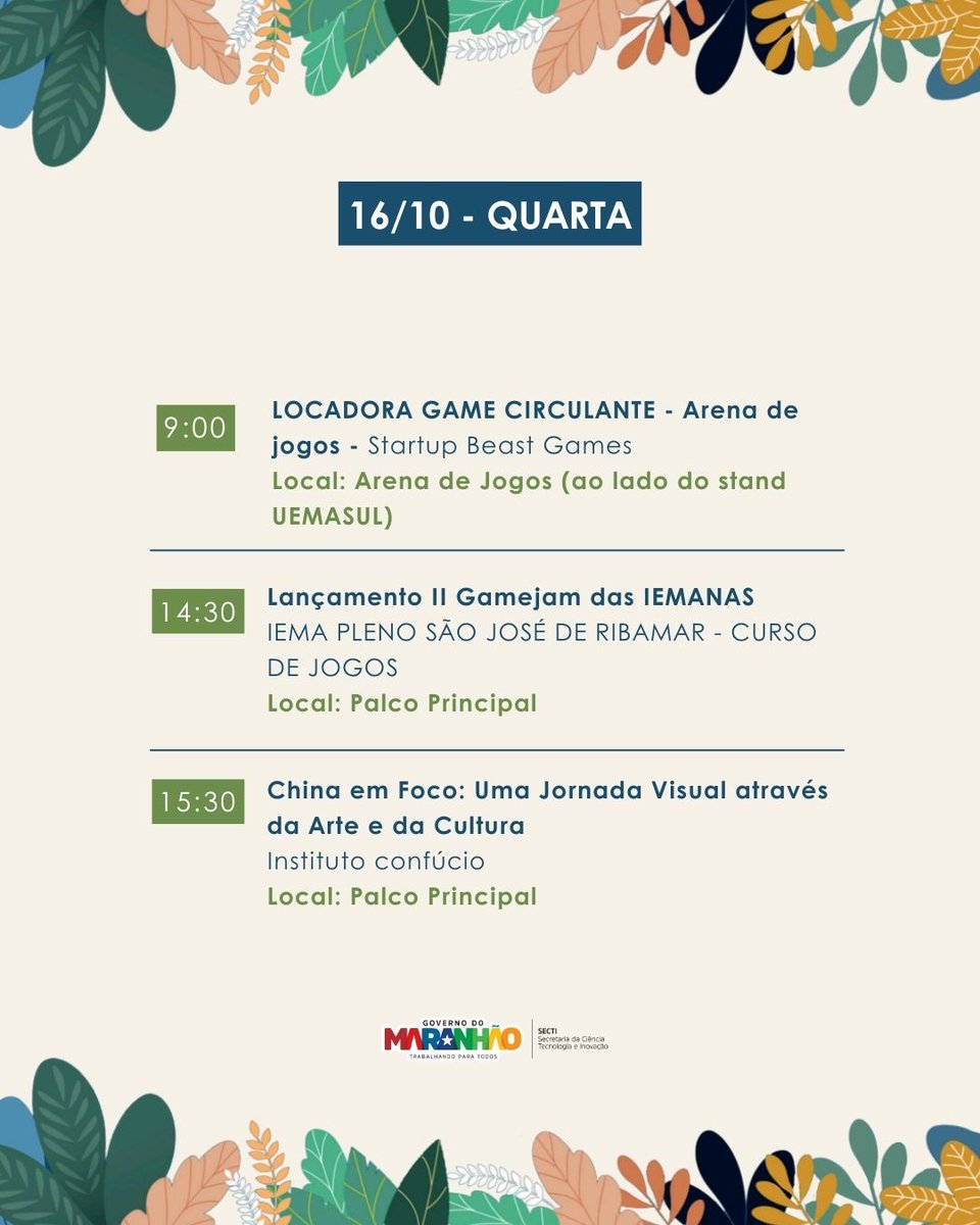 GovernoMA's tweet image. Confira a programação completa do espaço SECTI! Prepare-se para uma experiência rica em conhecimento e inovação. Não perca as atividades que preparamos para você!

#SECTI #CiênciaeTecnologia #Programação #GovernoMA