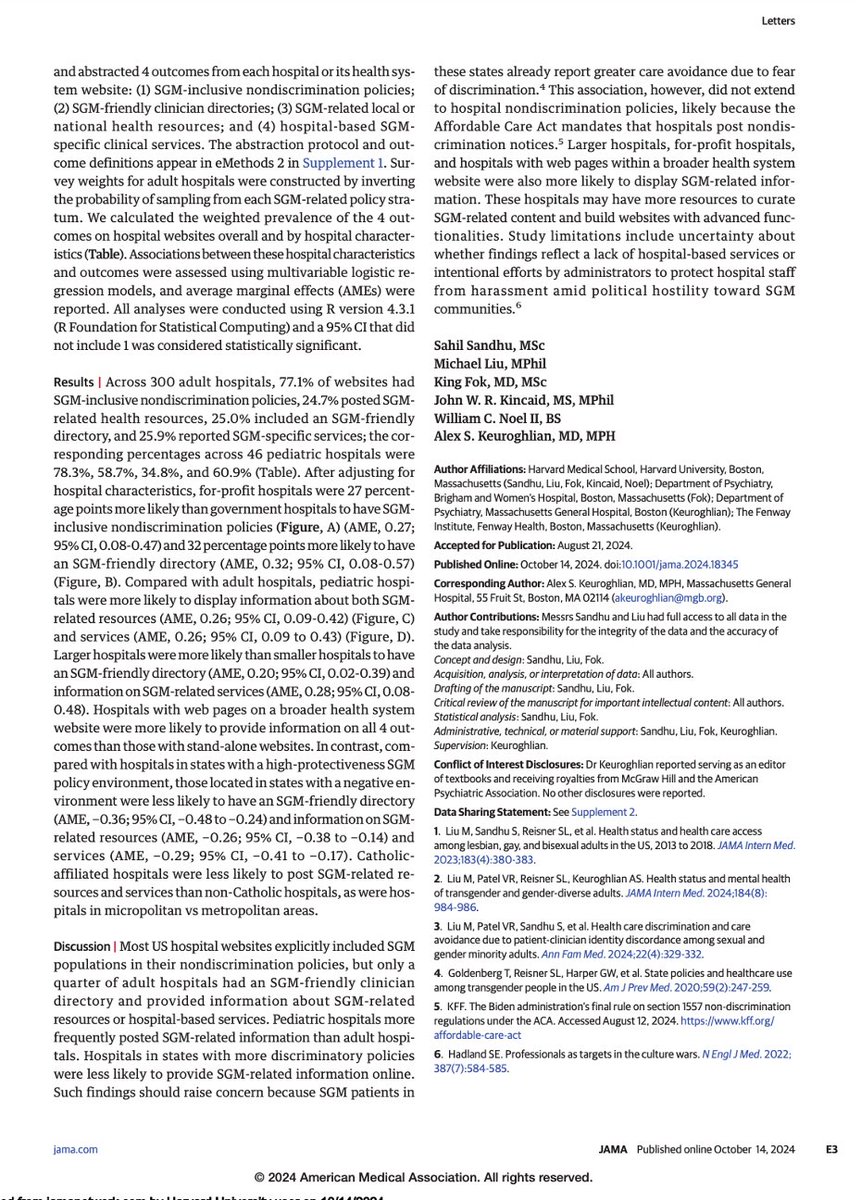 Michael Liu (@liumichaelon) on Twitter photo In <a href="/JAMA_current/">JAMA</a>, we find that π₯ websites lack information on sexual & gender minority (SGM) services + policies. Most had π³οΈβππ³οΈββ§οΈ nondiscrimination policies, but only ~25% had SGM-friendly directories and information about SGM resources and services.
jamanetwork.com/journals/jama/β¦ In <a href="/JAMA_current/">JAMA</a>, we find that π₯ websites lack information on sexual & gender minority (SGM) services + policies. Most had π³οΈβππ³οΈββ§οΈ nondiscrimination policies, but only ~25% had SGM-friendly directories and information about SGM resources and services.
jamanetwork.com/journals/jama/β¦