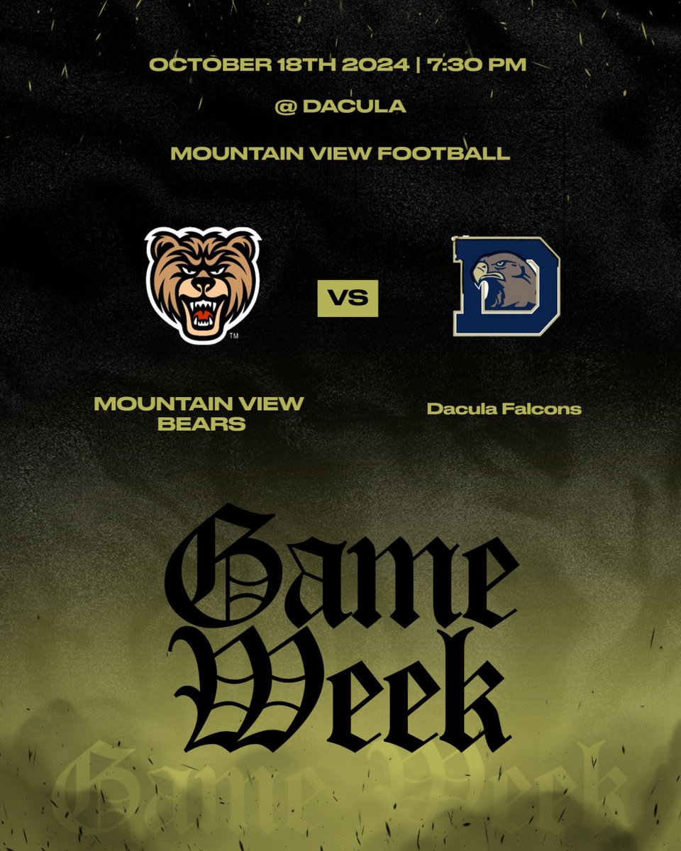 Mountain View Bears Football (@mvfootballbears) on Twitter photo It's Game Week For Our Mountain View Bears!!
Come out to Dacula High School as we take on the Falcons in Region Play.
We need the stands packed out with Our Students for Our Black Out Game❗ 
#GoBears
#ATTACK24 It's Game Week For Our Mountain View Bears!!
Come out to Dacula High School as we take on the Falcons in Region Play.
We need the stands packed out with Our Students for Our Black Out Game❗ 
#GoBears
#ATTACK24