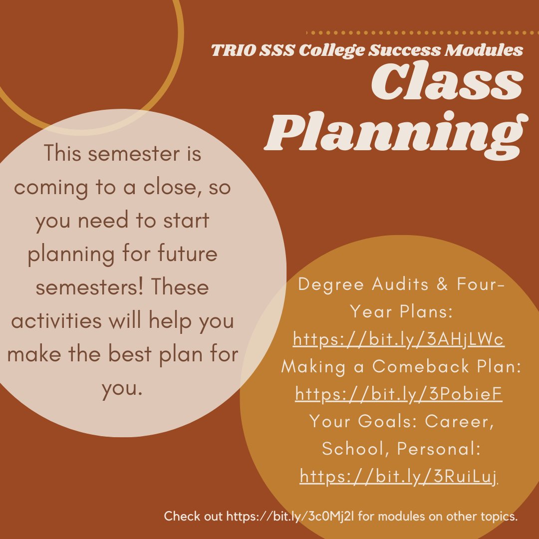 nw_triosss's tweet image. Pre-registration for Spring 2025 begins in one week, so you need to start planning for next semester's classes and even future semesters! These activities will help you make the best plan for you. 

#collegesuccessmodules #TRIOSSS #classplanning