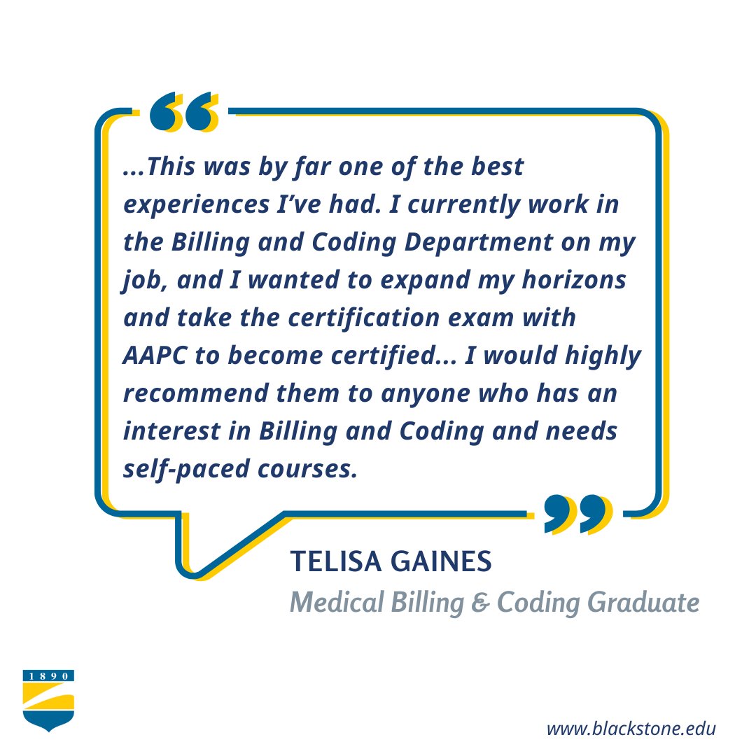 BlackstoneEdu's tweet image. Telisa Gaines, a medical billing and coding graduate, gives her insights on BCI!
#medicalbilling #medicalcoding #billingandcoding #medicalbillingandcoding #aapc #cpca #cpcexam #aapcexam #medicalfield #medicalcareer #healthcare