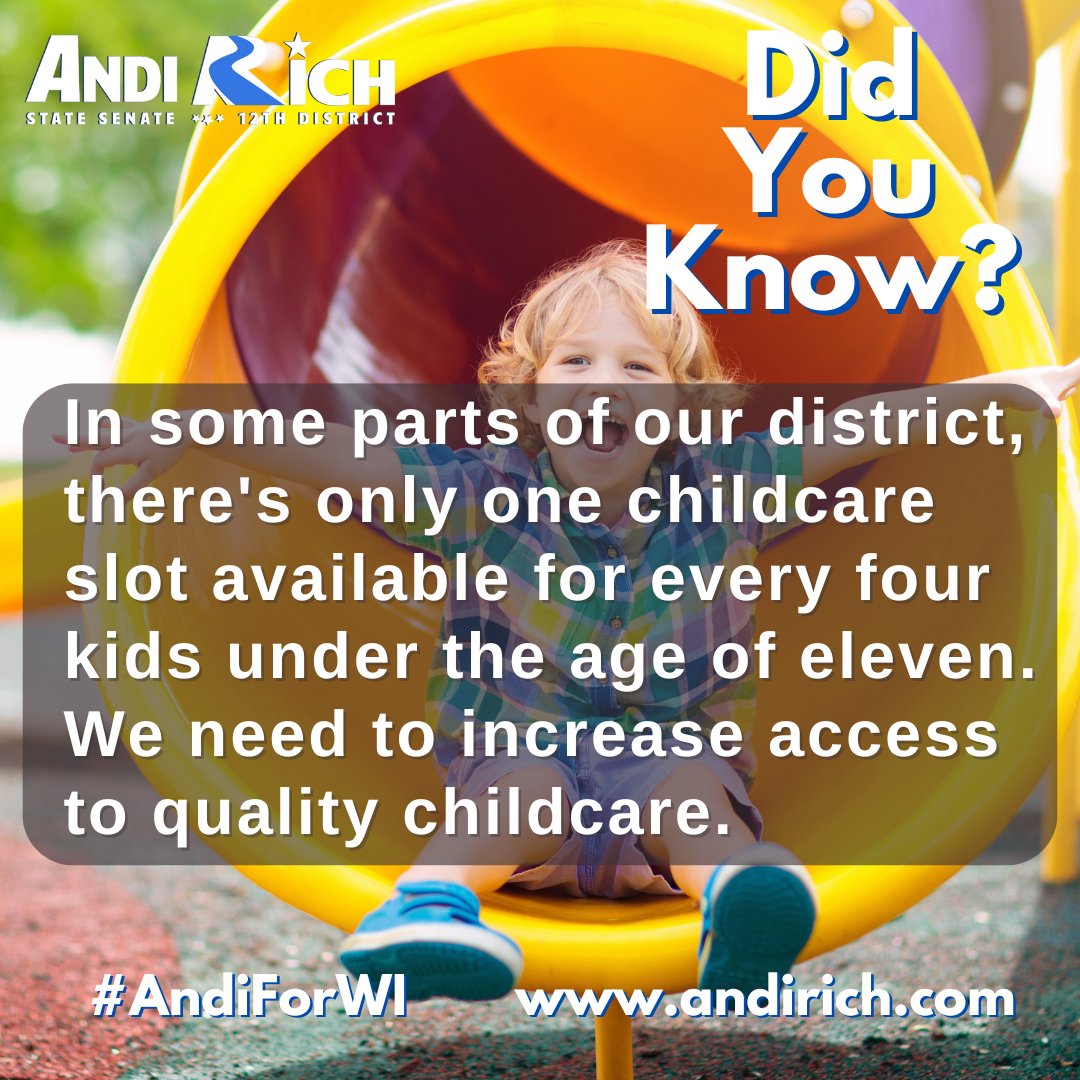 AndiRichWI's tweet image. Did You Know? In some parts of our district, there&apos;s only one childcare slot available for every four kids under the age of eleven. We need to increase access to quality childcare.
#AndiForWI #Northwoods #DidYouKnow