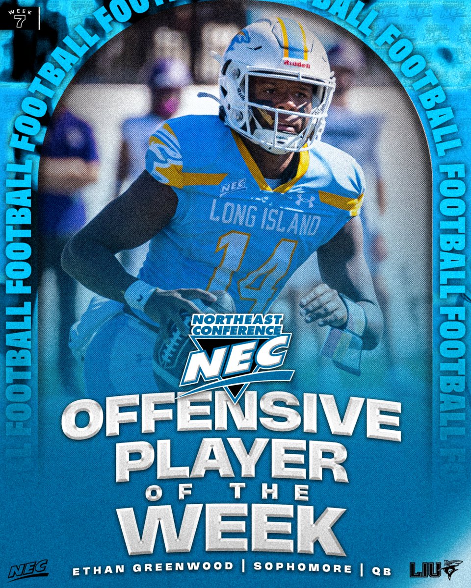 🏈🏅The #NECFB Offensive Player of the Week is ᴇᴛʜᴀɴ ɢʀᴇᴇɴᴡᴏᴏᴅ from @LIUathletics‼️

» Single-handedly outrushed Stonehill by 120 yards in LIU's 31-7 win
» Ran for a career-high 184 yards, the 2nd-most by an NEC player
» Had ☝️ TD throw &amp; ☝️ TD run

#NECelite x #NECOPOW