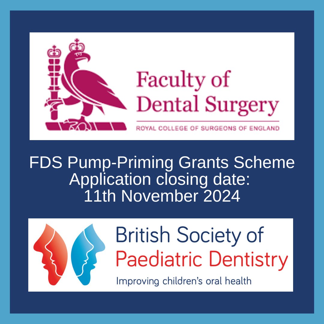 We are delighted to be partnering the Faculty of Dental Surgery Royal College of Surgeons (England) again to offer pump-priming #ResearchGrants of up to £10,000. The closing date for first-stage applications is 11th Nov 2024. Full details here: ow.ly/3k7A50PPykC #dentist