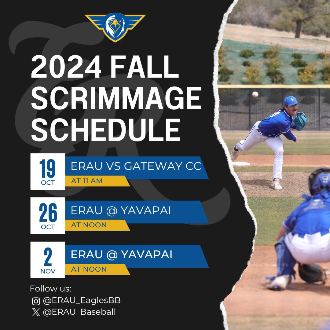 Fall Schedule 2024!

The Boys are back in action for the next few Saturdays as their fall scrimmage schedule begins with Gateway CC this weekend ⚾️🦅

#onerope #eagles #erau #prescott #arizona #naia #baseball #fall #team #teamwork #embryriddle #fun