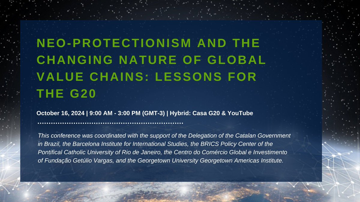 What are the main challenges arising from neo-protectionism and the dynamic shifts in Global Value Chains (GVCs)? Policymakers, academics, &amp; industry leaders discuss at an upcoming conference. 

📝 Oct 16 | Hybrid: Casa G20 &amp; YouTube
More information: ow.ly/RzMn50TKX7G