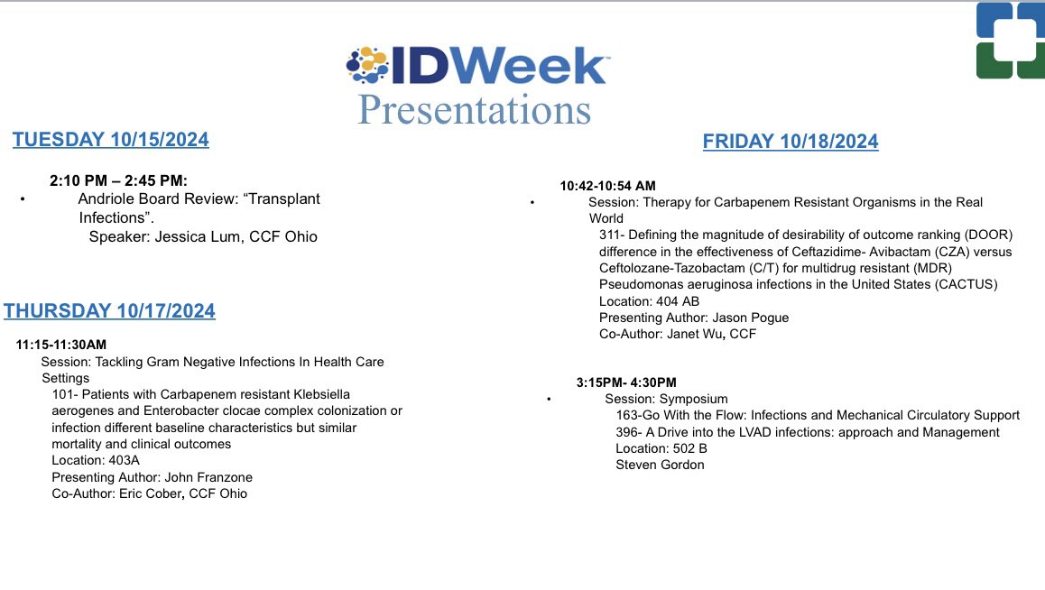 ccf_idfellows's tweet photo. CCF ID department is proud to be part of #IDWeek2024! Be sure to pass by and check out our presentations, research, and posters. Weโre looking forward to connecting and sharing insights! #IDFellows #InfectiousDiseases #TeamCCF @ClevelandClinic https://t.co/fETV5OGSSy