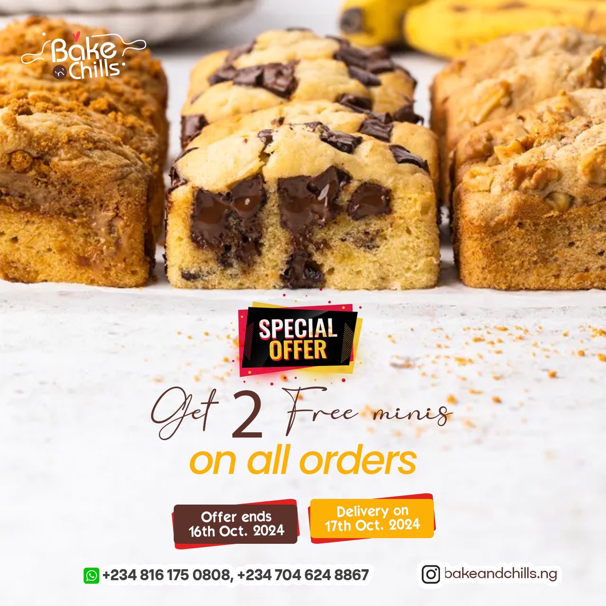 bakeandchills's tweet image. Here again with a special offer for y’all❤️

Get 2 free mini loaves on every order!

Offer lasts till 16th October 2024!
#offers #bananabread #breadlovers #sweet