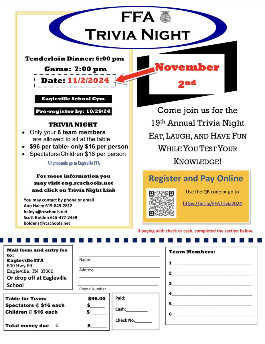 Registration for Eagleville FFA Trivia Night on November 2nd is now open! Register at the following link or mail/drop off the registration sheet and payment at Eagleville School. 
bit.ly/FFATrivia2024