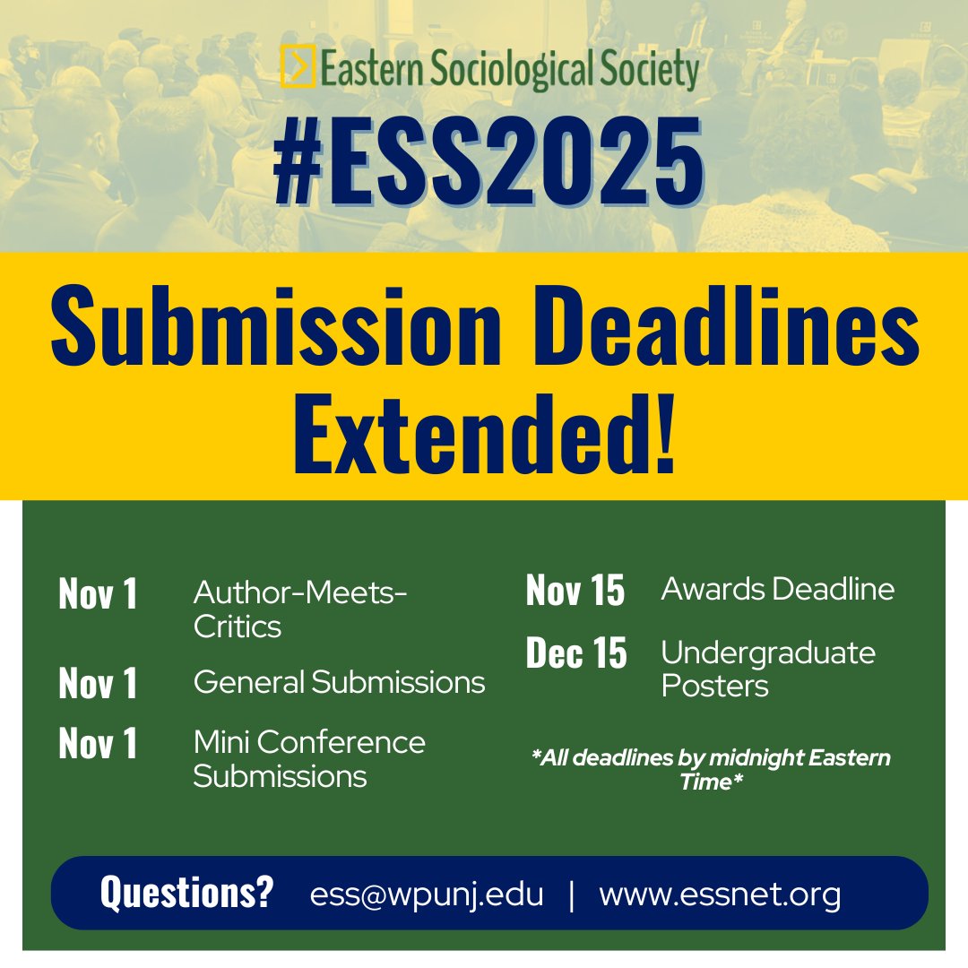 We're extending the submission deadline for #ESS2025 until Friday, November 1.  We are gearing up for an outstanding conference in Boston (March 6-9) and want you to be part of it!

Visit essnet.org/annual-confere… for submission link and discounted hotel rate!