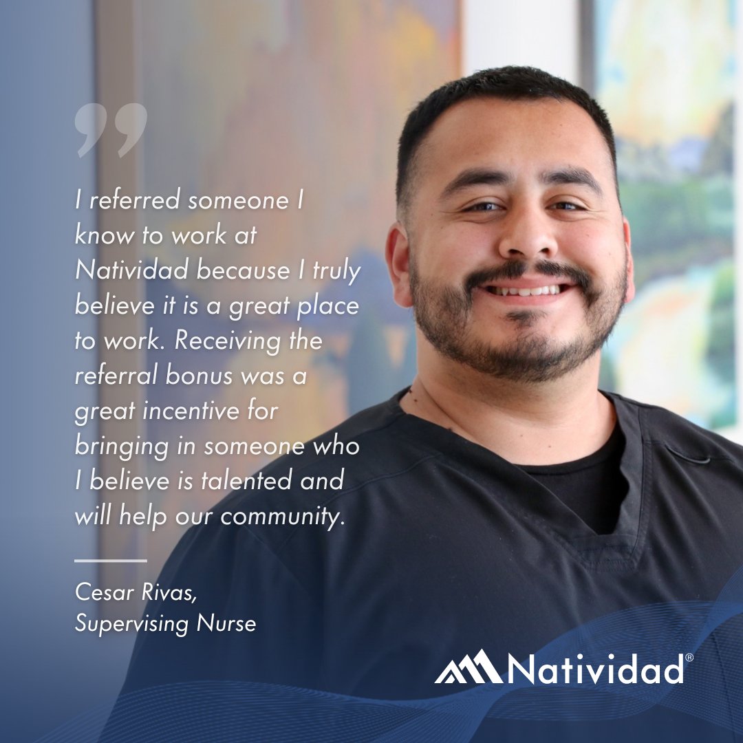 Natividad is a great place to work, where employees feel valued, supported, and empowered to grow. That’s why they refer friends and family – they know how rewarding it is to be part of a team that makes a difference. Apply today! 
#NatividadInspiringHealthyLives