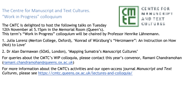 OxMedStud's tweet photo. @OxWMTC are hosting a Work in Progress colloquium chaired by @HLaehnemann.

📅 Tues 12 Nov
⌚️ 5:15pm
📍 Memorial Room @QueensCollegeOx https://t.co/Alguf3wKot